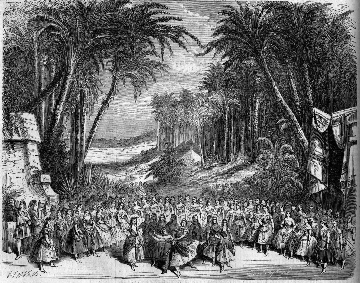 Representation av en opera: Scenografi av akt II av "Drottningen av Saba"" på ett libretto av Michel Carre (1819-1872) och Jules Barbier (1822-1901) och en musik av Charles Gounod (1818-1893). Paris, Theatre de l
