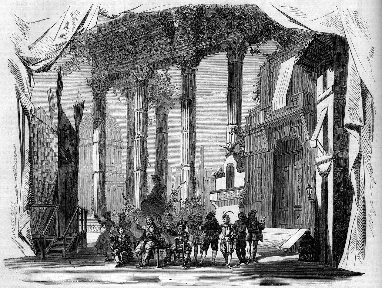 Representation av en opera: Scenografi av akt I av "Salvador Rosa" efter ett libretto av Henry Trianon (1811-1896) och Eugene Grange (1810-1887), och en musik av Jules Laurent Duprato (1827-1892). Paris, Opera Comique av French School