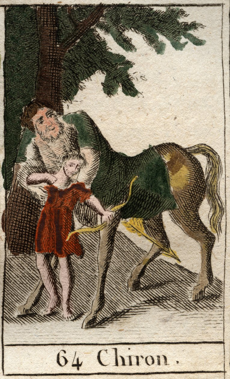 Representation av kentauren Chiron, halv man halv häst, mästare i bågskytte, han lär ut denna konst i Achilles. (Representation av kentauren Chiron (Cheiron eller Kheiro), hälften människa till hälften häst. Han lär den unge Akille konsten att bågskytte).  av French School