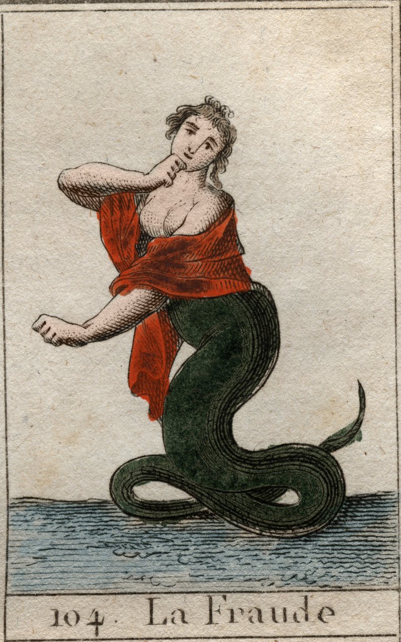 Representation av fusk (oärlighet), som en farlig orm med ett leende kvinnahuvud). Från "Mythology of Youth" av Pierre Blanchard 1803. av French School