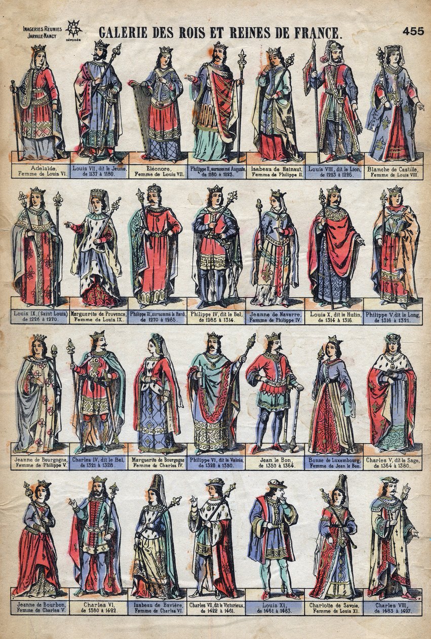 Representation av kungar och drottningar av Frankrike från Capetian-dynastin (från Ludvig VII till Karl VIII). Illustration sent 1800-tal. av French School