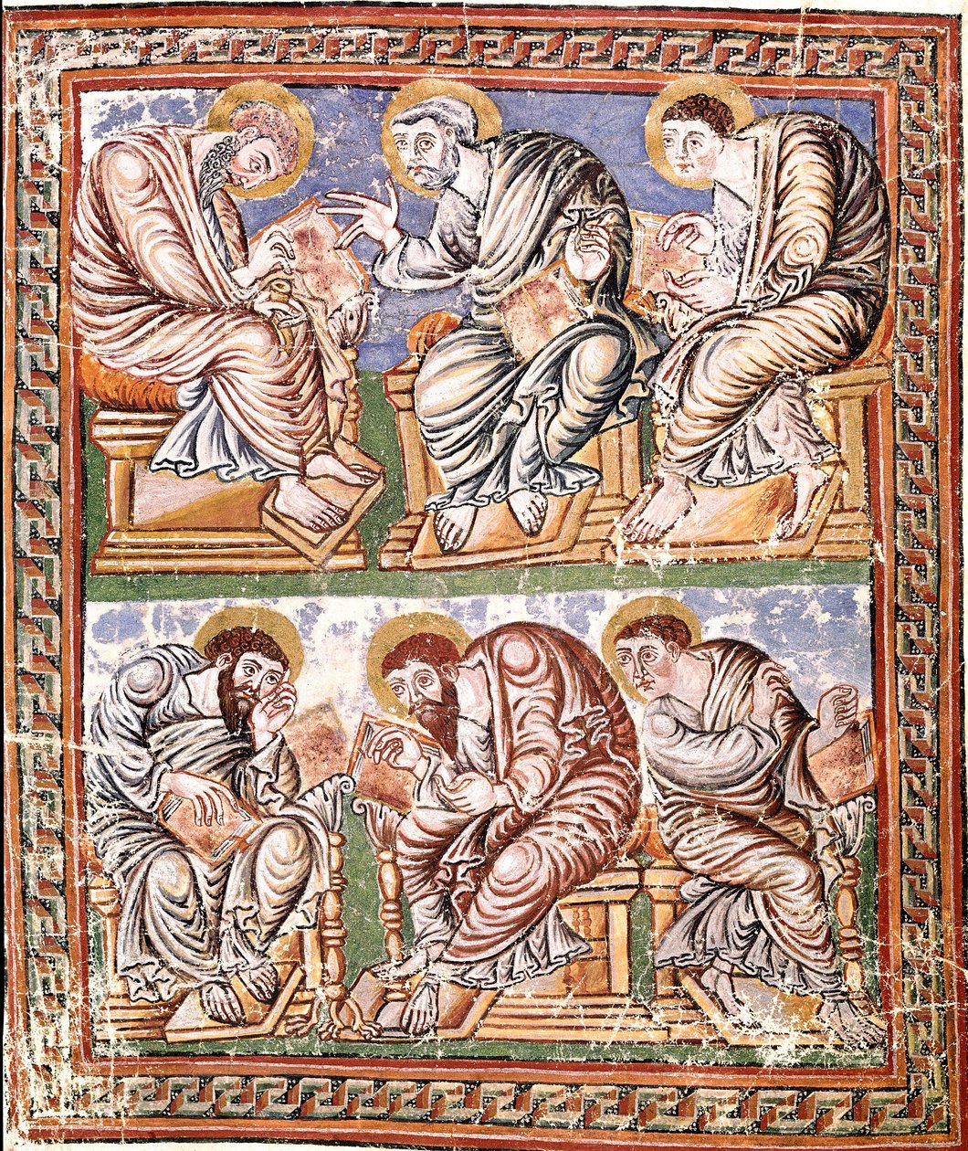 Avbildning av sex apotres Karolingisk miniatyr från skolan i Reims från "Collectio Canon Hadriana" (Ms A-5 f. 14 v) (trolig samling av dekretaler som omarbetats av Incmar de Reims) Slutet av 800-talet Biblioteca Vallicelliana Rom av French School