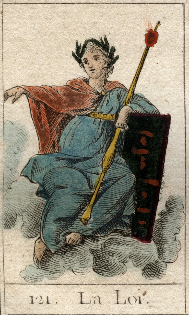 Framställning av lagen som en kvinna som håller i en spira. (Lagen som ung kvinna med en spira). Från "Mythology of Youth" av Pierre Blanchard 1803. av French School