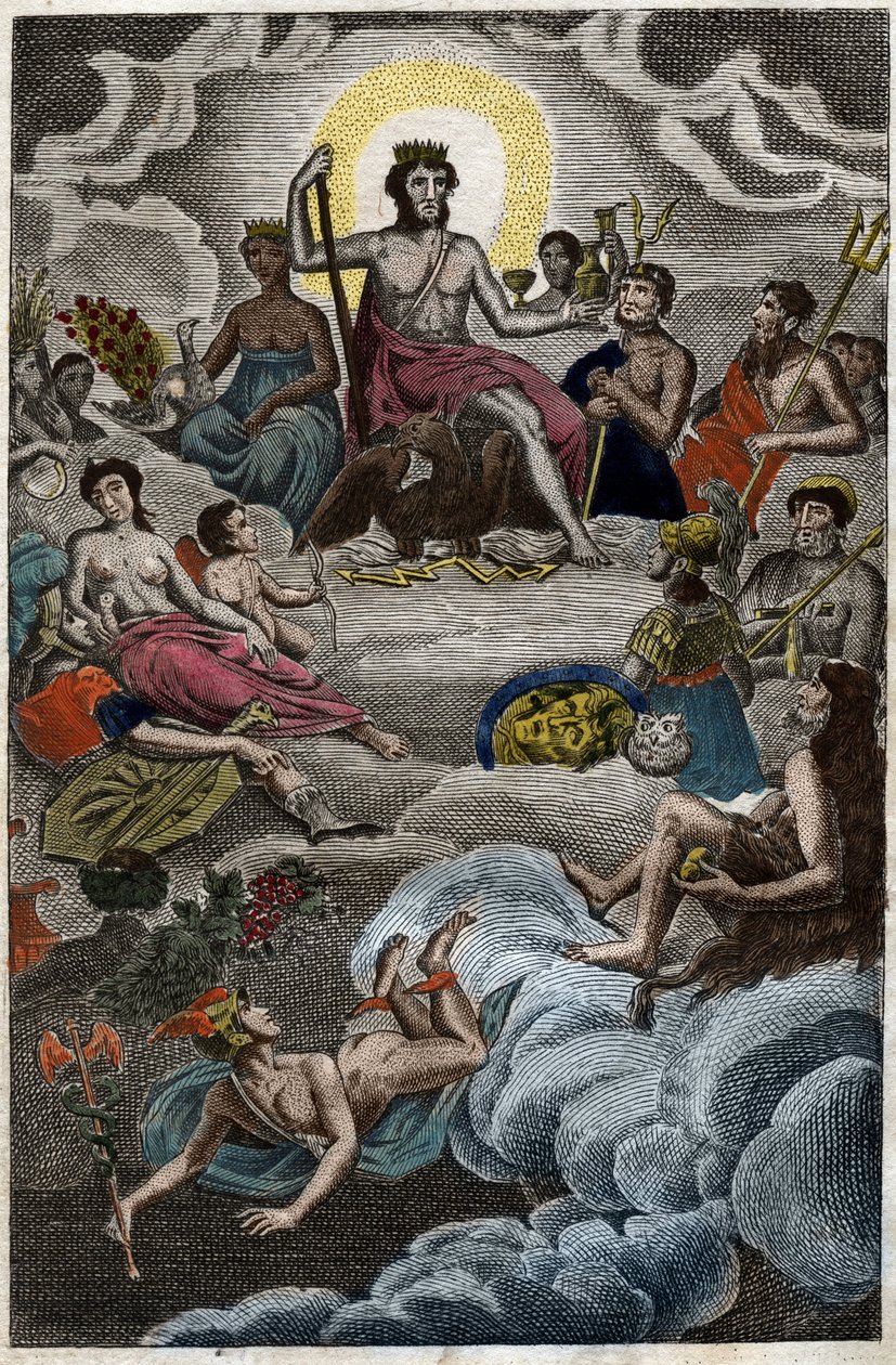 Representation av gudarnas församling på berget Olympen eller tolv olympier. från "Mythology of Youth" av Pierre Blanchard 1803. av French School