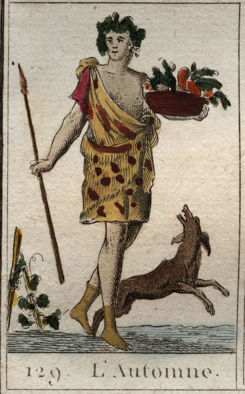 Representation av höstsäsongen som Vertumne som håller en fruktkorg med en hund. (Sommaren representerad som Vertumnus som håller en fruktkorg med en hund). Från "Mythology of Youth" av Pierre Blanchard 1803. av French School