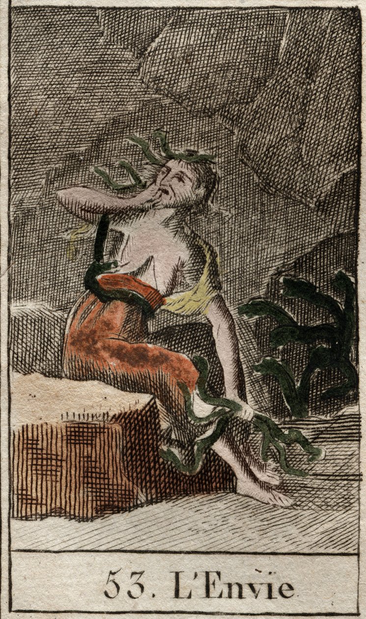 Representation of the Envy, förkroppsligad av en ridande kvinna som håller i ormar medan en annan kvinna äter upp hennes bröst. (Representation av avund (eller elakhet) som en gammal kvinna, som håller i ormar medan en annan gnager hennes bröst) från "Myth av French School