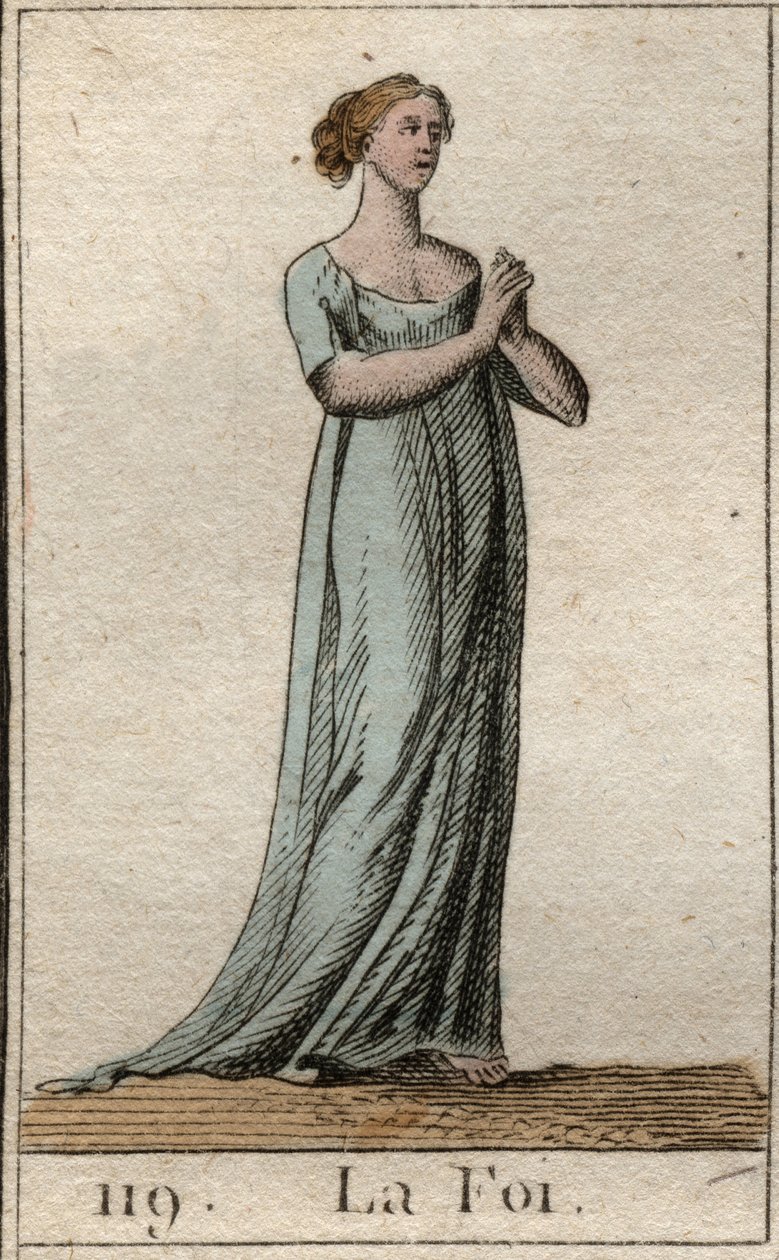 Representation of the Faith, kvinna klädd i vitt med sammanfogade händer. (Troen som ung kvinna, klädd i vit klänning, med sammanfogade händer). Från "Mythology of Youth" av Pierre Blanchard 1803. av French School