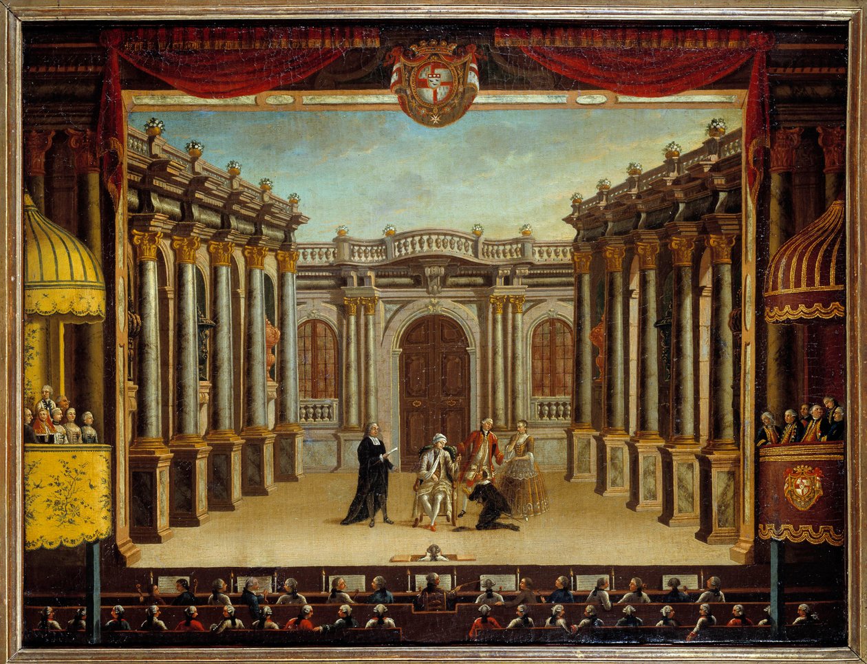 Representation av "" Imaginary Malad" av Jean Baptiste Poquelin dit Moliere (1622-1673) på Menorca Theatre, Spanien; utsikt över scenen. Anonym målning av French School