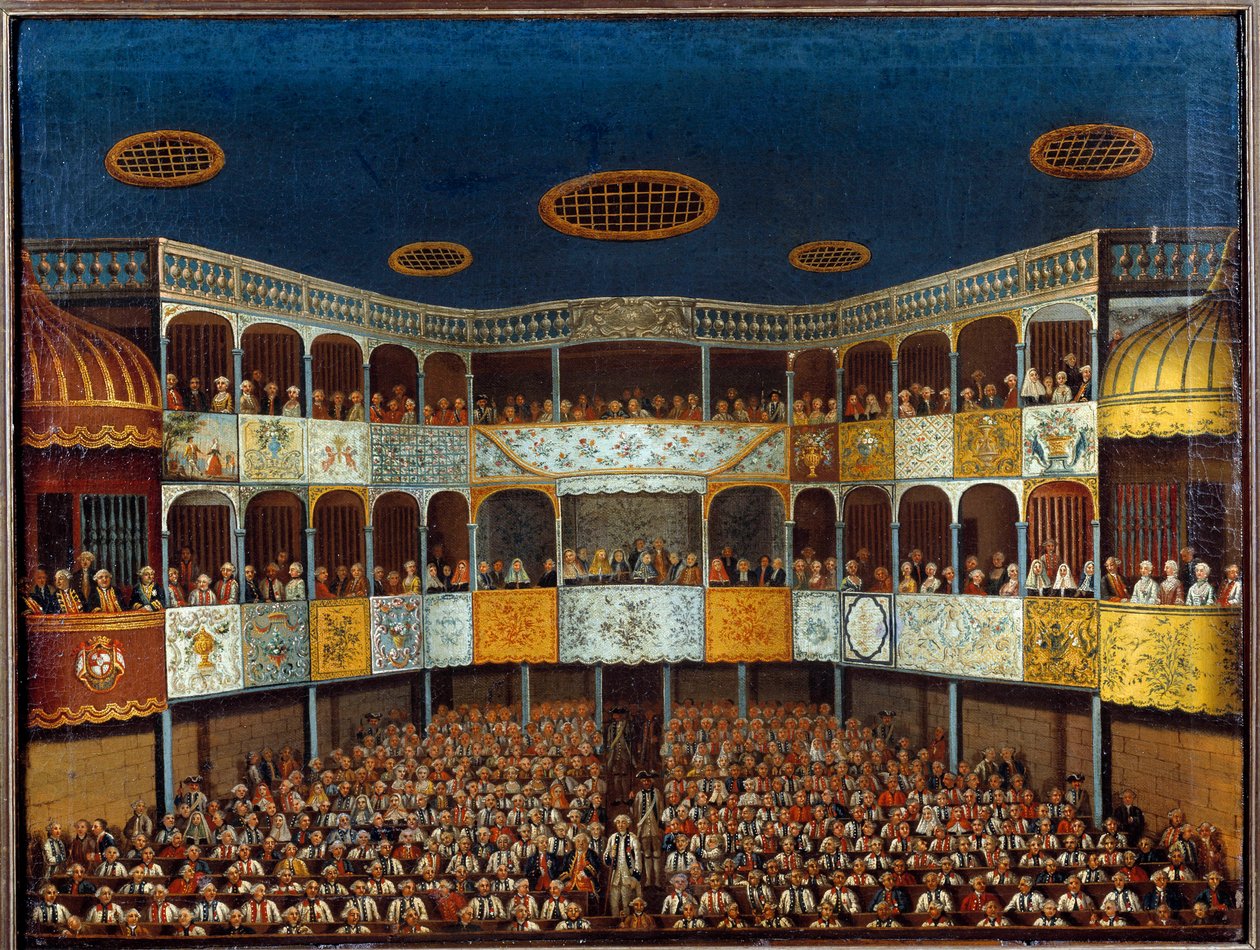 Representation av "" Imaginary Malad" av Jean Baptiste Poquelin dit Moliere (1622-1673) på Menorca Theatre i Spanien; utsikt över salen och publiken. Målning från 1700-talet. Paris, Dekorativ konst av French School