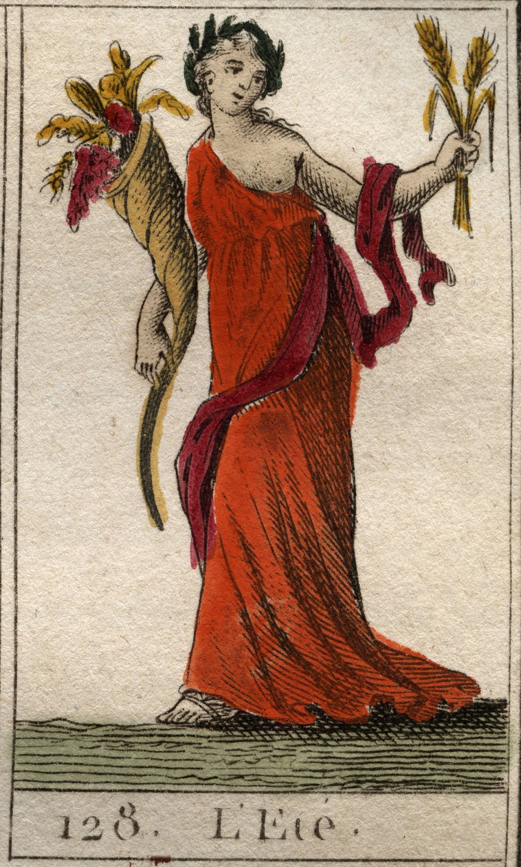 Representation av sommarsäsongen som Ceres som håller en krans av vete och ett horn av överflöd. (Sommaren representerad som Ceres som håller ett löv och ett ymnighetshorn). Från "Mythology of Youth" av Pierre Blanchard 1803. av French School