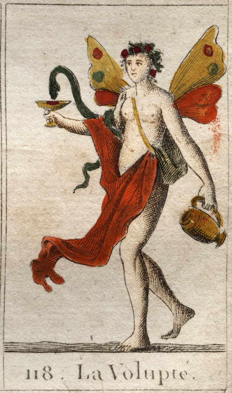 Representation av Volupte, naken kvinna krönt med rosor, hon håller en kopp eller en orm drar en läcker likör. (The Voluptuousness (njutning), som en naken kvinna, krönt med rosor, håller hon en kopp där en orm dricker en läcker nektar). Från "Mythol av French School
