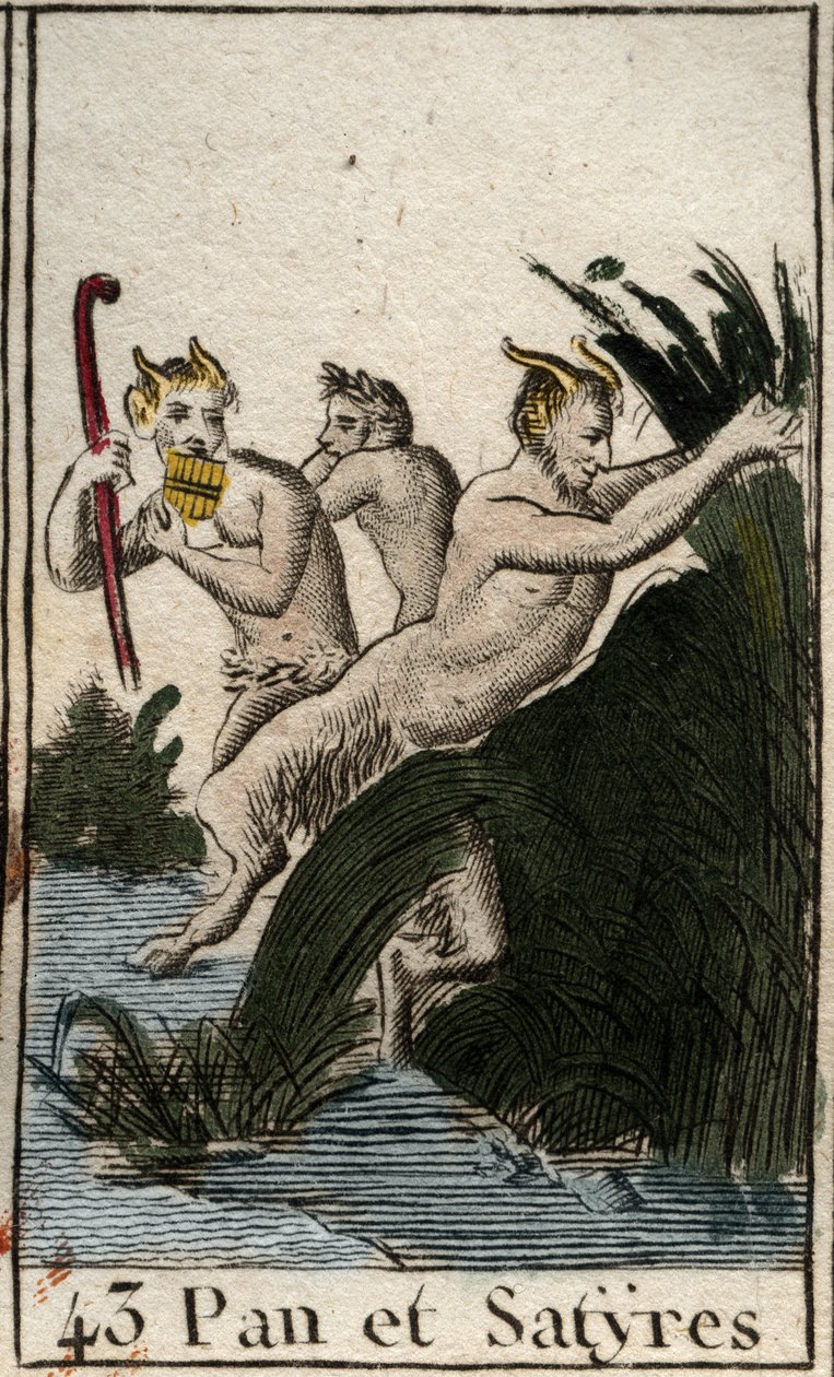 Representation av landsguden Pan och satyrer. Han har håriga lår, getfötter och spelar flöjt (Syrinx) har flera pipor. (Bondguden Pan, representerad med satyrer, han har lurviga ben och getfötter, han spelar syrinx eller panflöjt) Ur “Mythologie de av French School