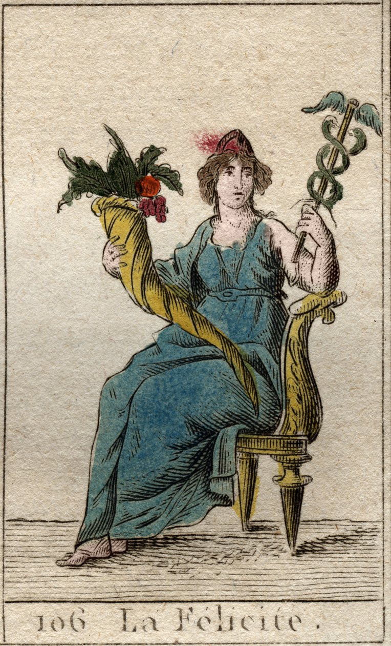 Representation av Felicitys gudom (eller Eudemonia) som med ena handen håller en lövfällande och den andra ett horn av överflöd (Representation of Happiness (felicity), som en kvinna som håller en caduceas och ett ymnighetshorn). Från "Mythology of Youth"  av French School