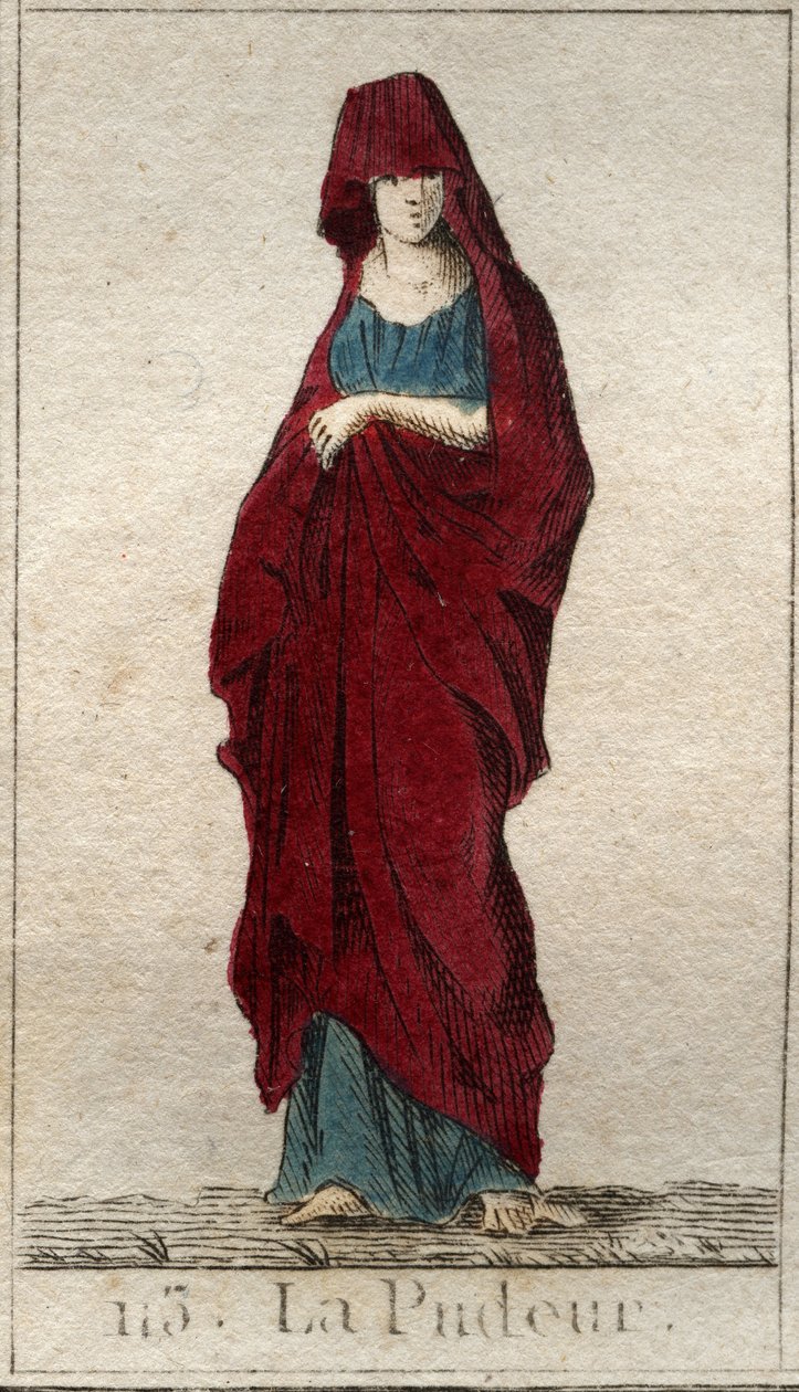 Representation av Modestys gudom, en ung kvinna med ett ansikte täckt med en slöja. (Representation av Prudishness, som en kvinna med beslöjat ansikte). Från "Mythology of Youth" av Pierre Blanchard 1803. av French School