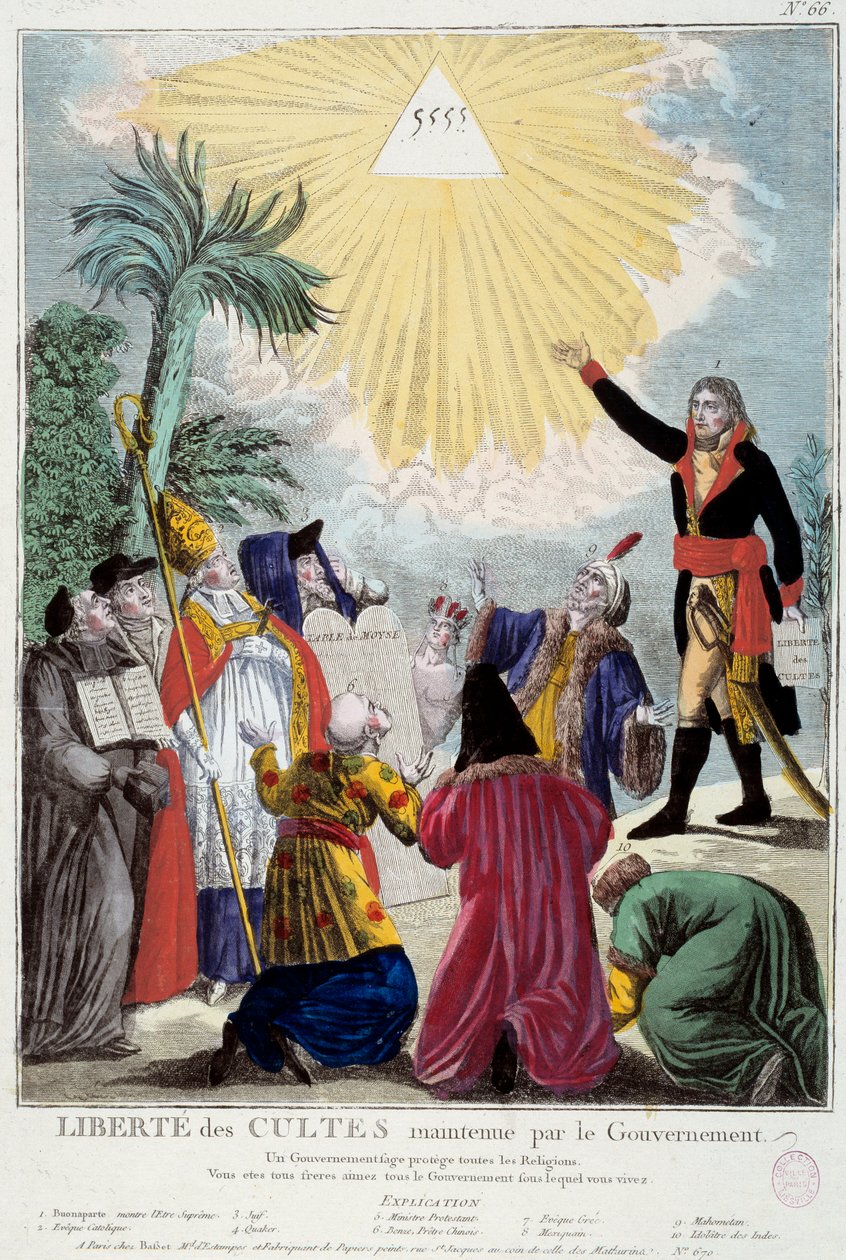 Representation av religionsfriheten för alla religioner som upprätthålls av Napoleon Bonaparte (1769-1821): den första konsuln indikerar treenighetens triangel som symboliserar Gud som kommer av representanterna för varje religion: katolsk eveque, en jude, av French School