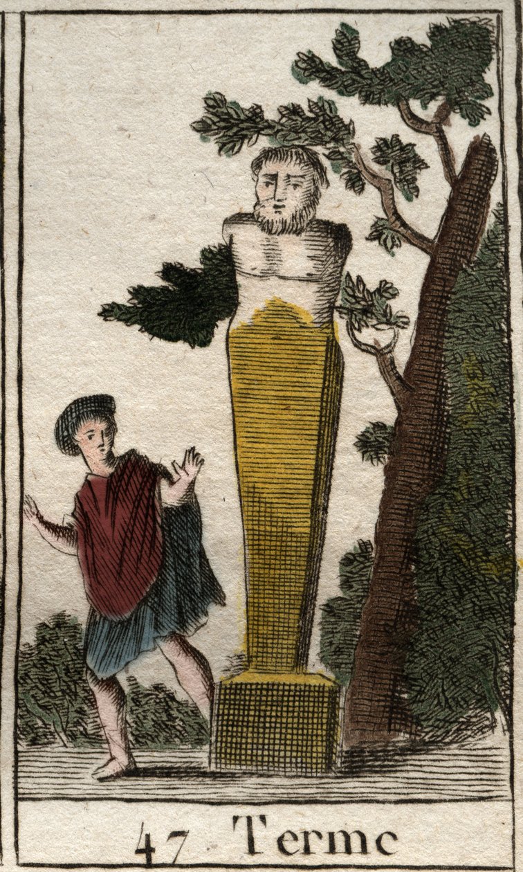 Representation av guden Terme, i form av en terminal, för att markera ägodelar och landområden. (Representation av guds terminus, som en stenterminal av land och ägodelar). Från "Mythology of Youth" av Pierre Blanchard 1803. av French School