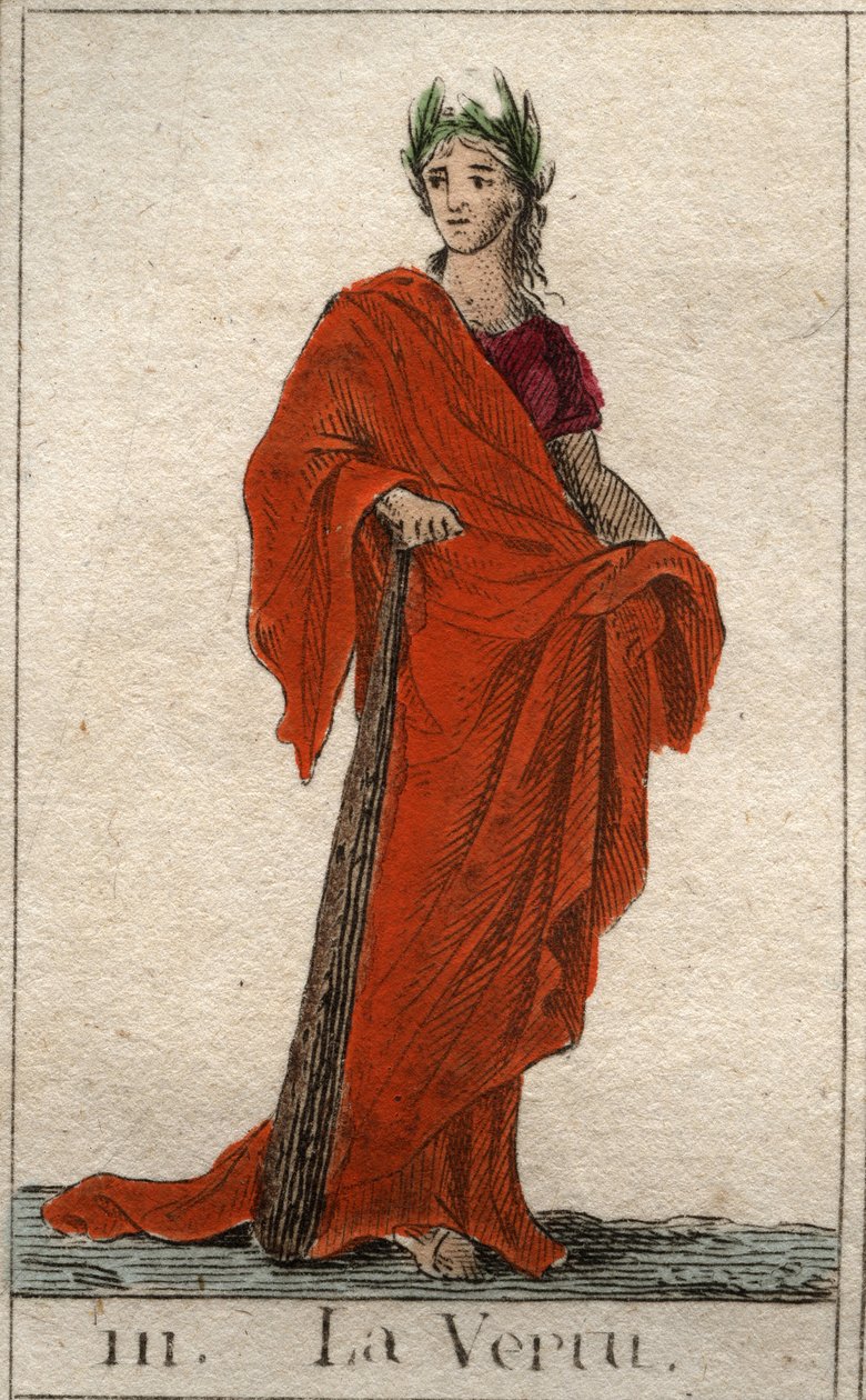 Representation av dygdens gud, en ung kvinna med ett uppriktigt ansikte. (Representation of Virtue, som en ung kvinna med rättframt ansikte). Från "Mythology of Youth" av Pierre Blanchard 1803. av French School