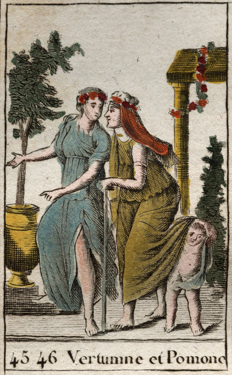 Representation av höstens gud Vertumne och Pomonef, nymf av frukt och trädgårdsskötsel. Vertumne ser ut som en gammal kvinna för att förföra Pomone. (representation av Vertumnus, höstens gud, med Pomona, frukternas och trädgårdarnas gudinna, Vertumnus spår av French School