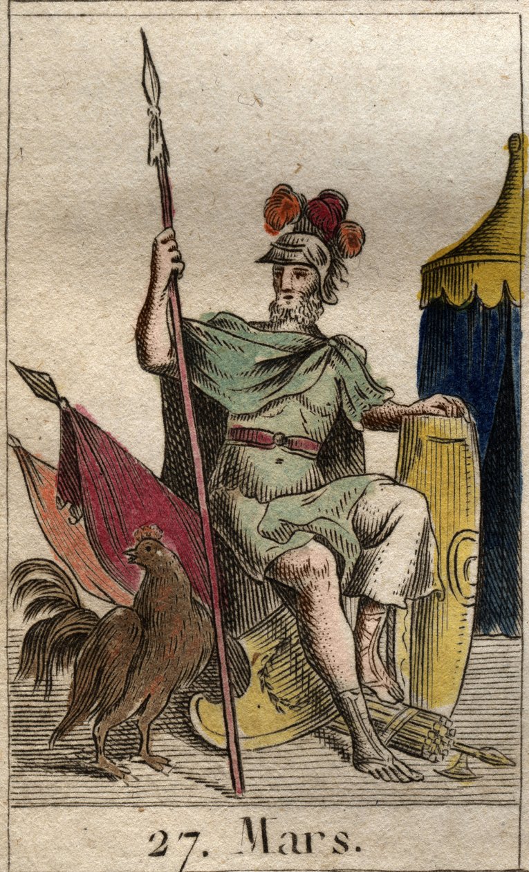 Representation av krigsguden Mars, vapen, nära en tupp. (Krigsguden Mars beväpnad med dubb). Från "Mythology of Youth" av Pierre Blanchard 1803. av French School
