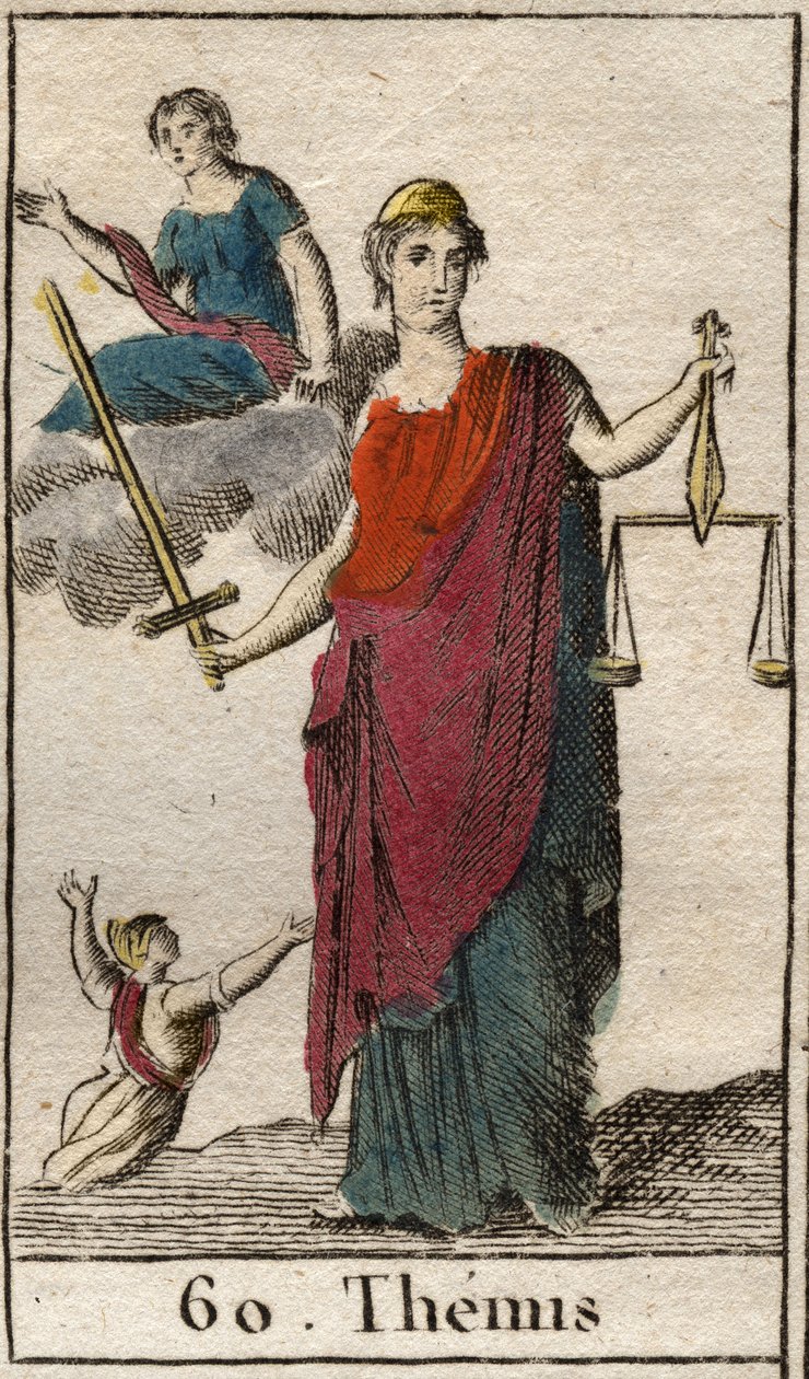 Representation av rättvisans och lagens gudinna, Themis, håller hon en balans och ett svärd. (Representation av Themis, rättvisans och lagens gudinna, hon har ögonbindel och håller en balans och ett svärd). Från "Mythology of Youth" av Pierre Blanchard 180 av French School