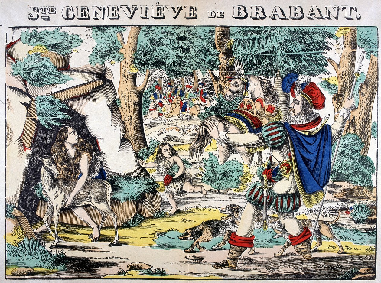 Representation av legenden om Saint Genevieve av Brabant. Scen för mötet mellan Genevieve övergiven i skogen och hennes man. Bild på Epinal av French School