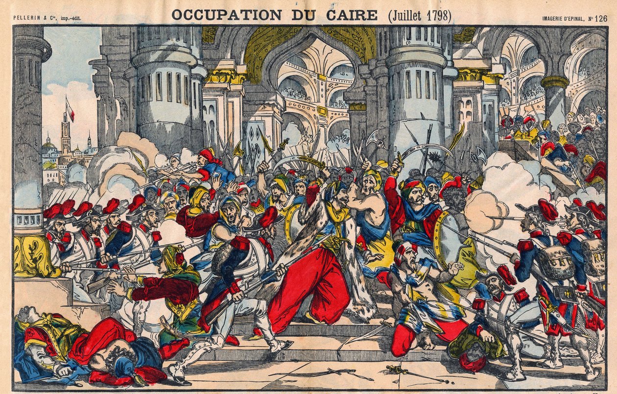 Representation av invånarnas uppror i Kairo mot den franska ockupationen ledd av Bonaparte den 21 oktober 1798. Epinal avbildning av French School