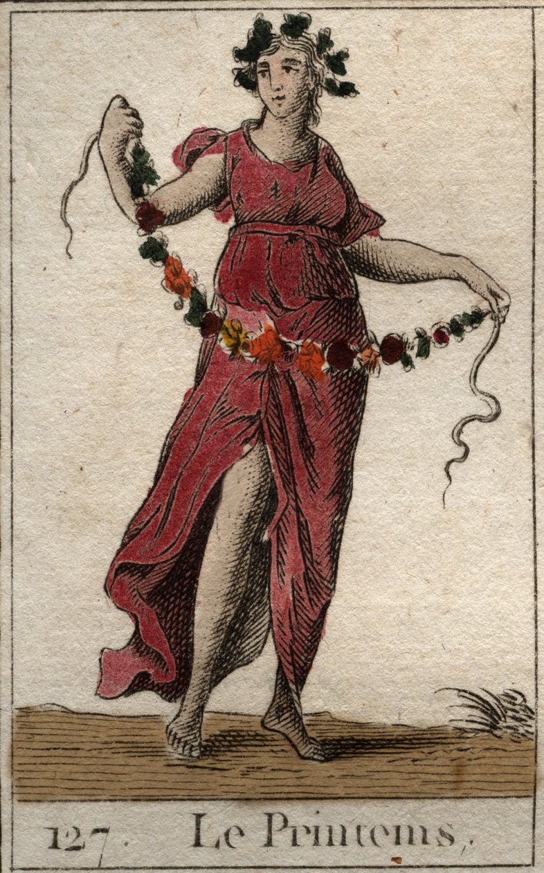 Representation av vårsäsongen under linjerna av Flora som håller en krans av blommor. (Våren representerad som Flora som håller en blomkrans). Från "Mythology of Youth" av Pierre Blanchard 1803. av French School