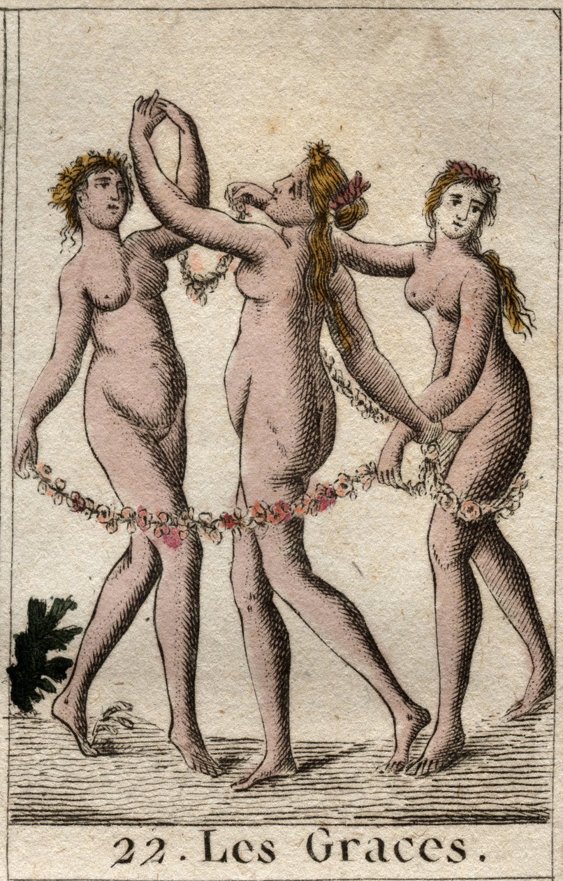 Representation av de tre gracerna: Aglae, Thalie och Euphrosyne, dotter till Venus och Bacchus (The Three Graces (eller Charites) döttrar till Venus och Bacchus. Från "Mythology of Youth" av Pierre Blanchard 1803. av French School