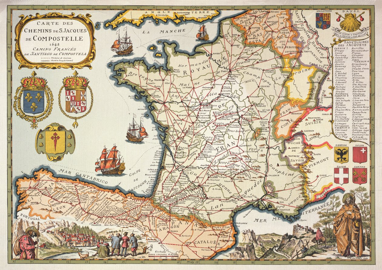 Reproduktion av Karta över St. Jakobs rutter av Compostel, ursprungligen graverad av D.Serveaux 1648 av French School