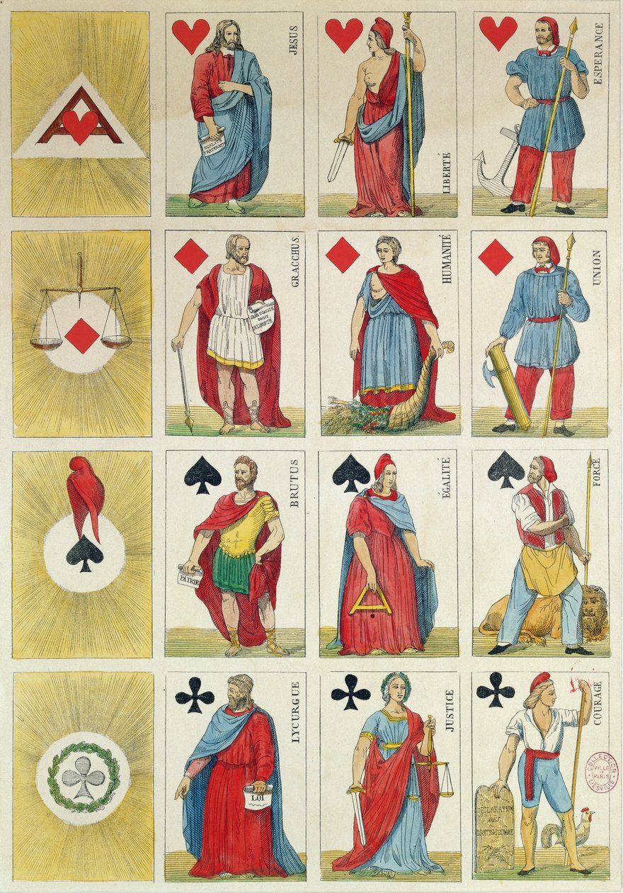 Reproduktion av republikanska spelkort från perioden av revolutionen 1848 av French School