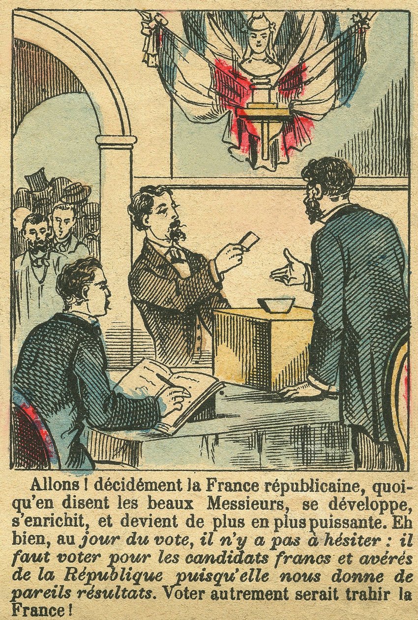 Det republikanska Frankrike förtjänade fransmännens röst. Gravyr, i "Le Figaro, supplement", den 30/03/1889, Paris. Koll. Selva. av French School