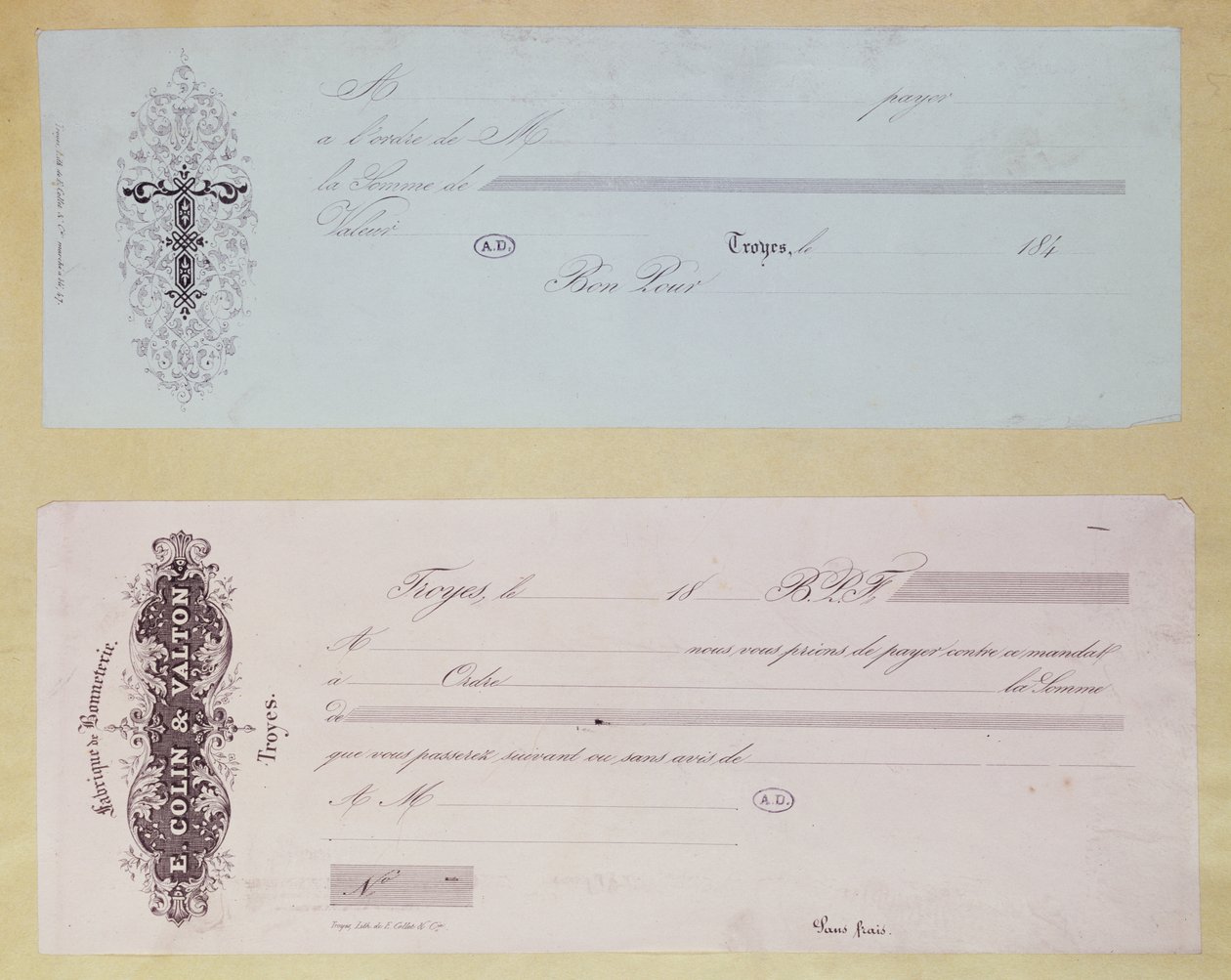 Begäran om betalning, utfärdad i Troyes på 1840-talet av French School