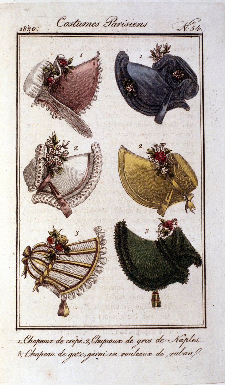 Restaureringsläge: olika modeller av hattar för kvinnor i crepe, gasväv, sammet. Gravyr från 1820 av French School