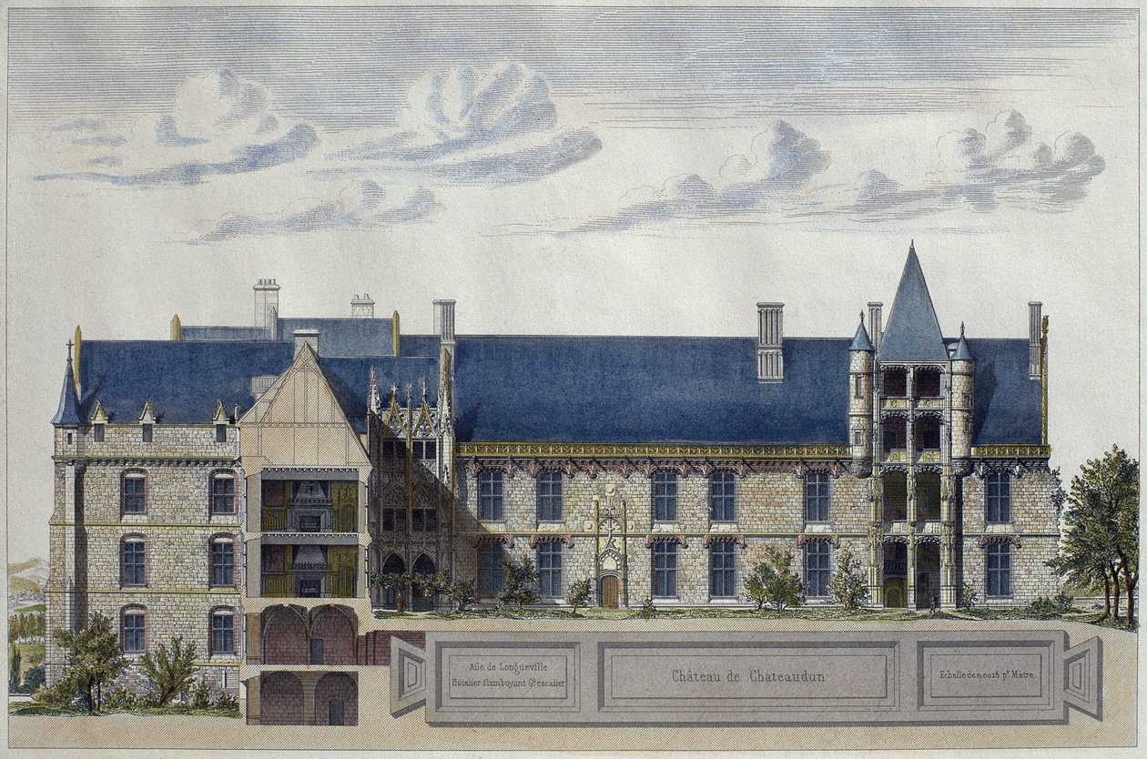 Restaurering av Chateau de Chateaudun, illustration från Le Moniteur des architectes, graverad av H. Penel (färgstick) av French School