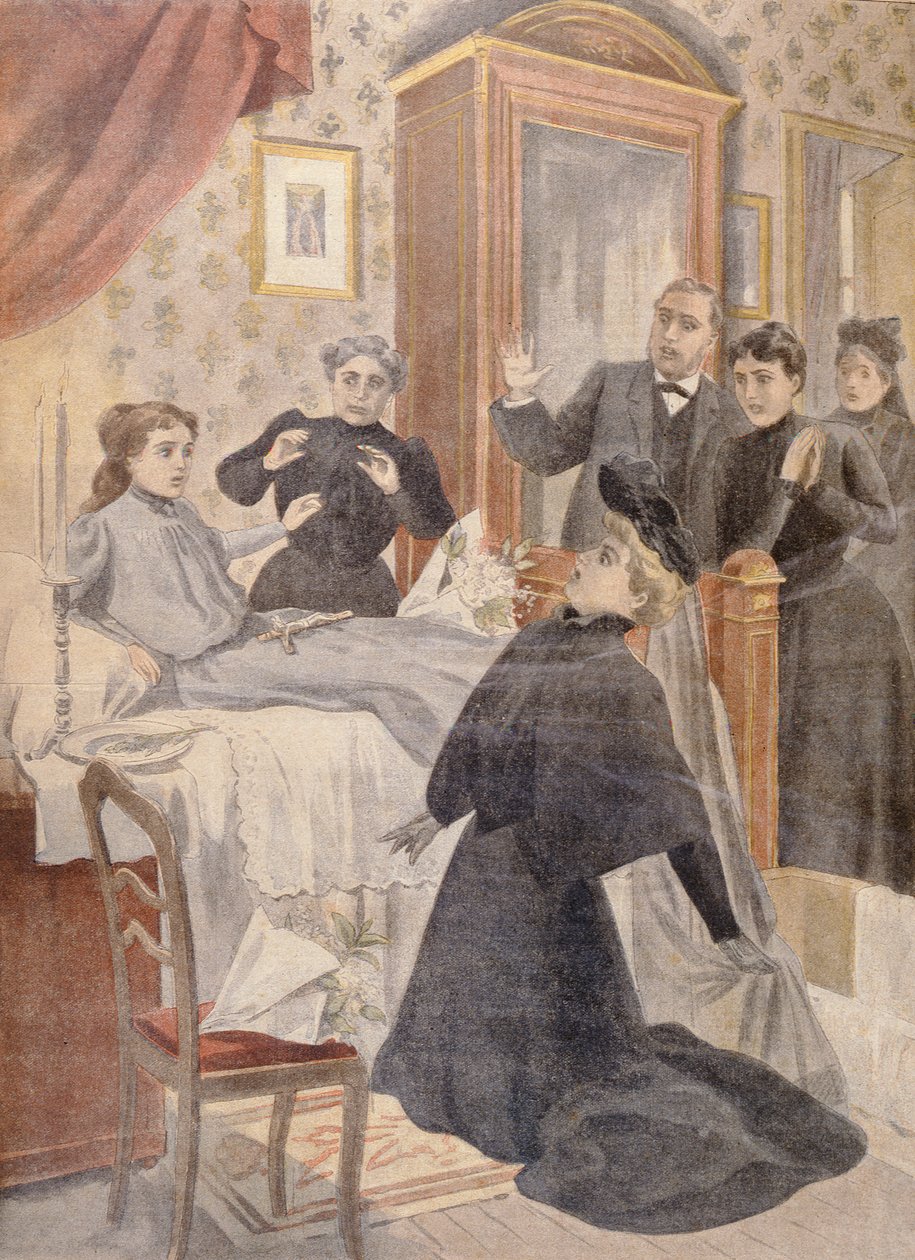 En ung flickas uppståndelse från sin dödsbädd, illustration från Le Petit Journal, 1902 av French School