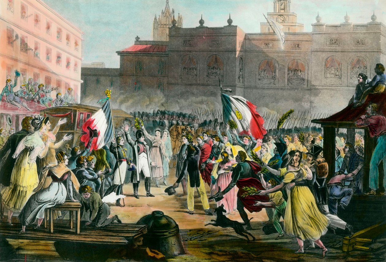 Napoleon Bonapartes (1769-1821) återkomst från ön Elba till Grenoble i mars 1815. Gravyr omkring 1815 Privat samling av French School