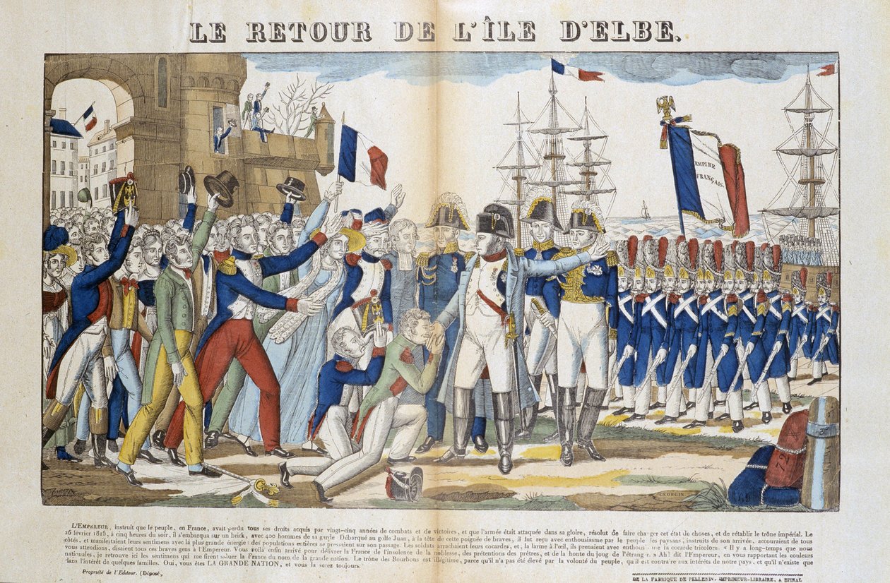 Napoleon Bonapartes (1769-1821) återkomst från sin exil till Elba 1815. Bild på Epinal av French School