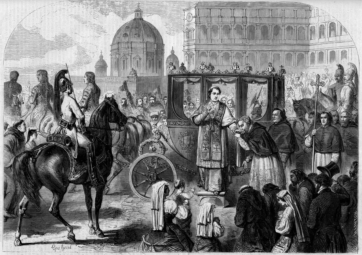 Påven Pius IX:s (1792-1878) återkomst till Rom. Gravyr i "The Illustrous World"" nr 65 av 26 juni 1858. av French School