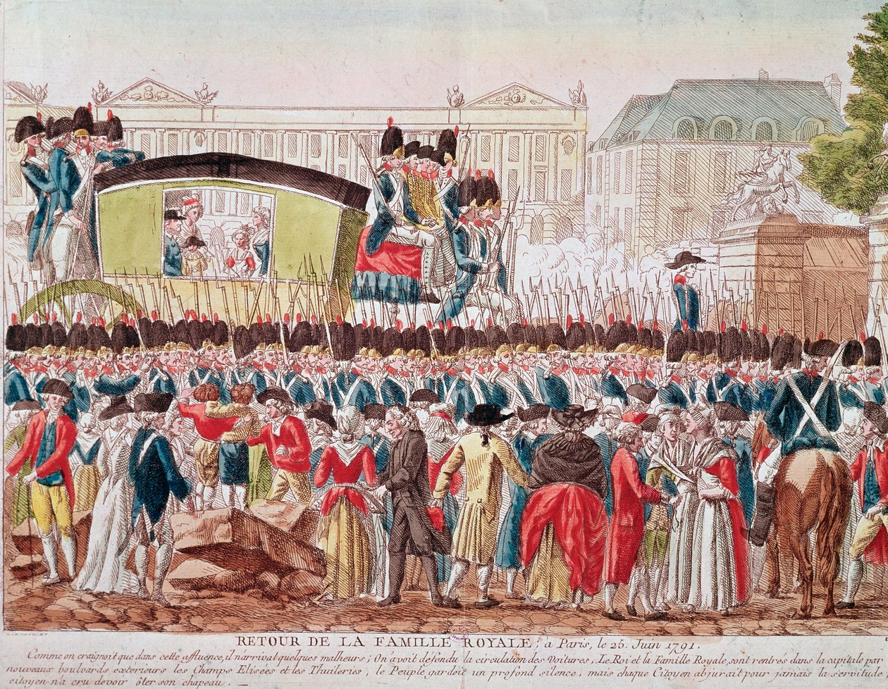 Den franska kungafamiljens återkomst till Paris, 25 juni 1791, korsar gruppen Place de la Concorde (gravyr) av French School