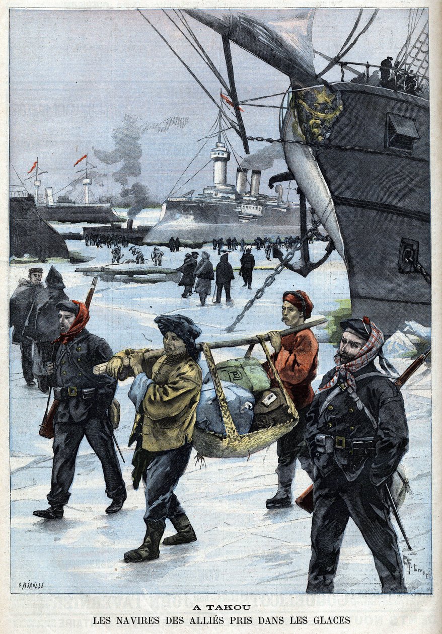 Revolt des Boxers (1898-1900) de allierades fartyg i isen Atakou. i "" Le Petite Parisien"" av French School