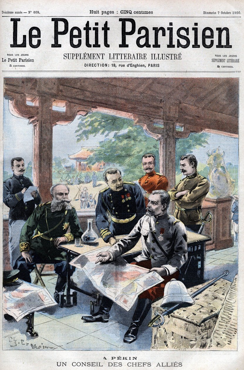 Revolt des Boxers: Un conseil des chefs allied (franska, ryska, amerikanska, engelska, japanska) (ALLIERAD KRIGSRÅD) - i "Le Petit Parisien" av French School