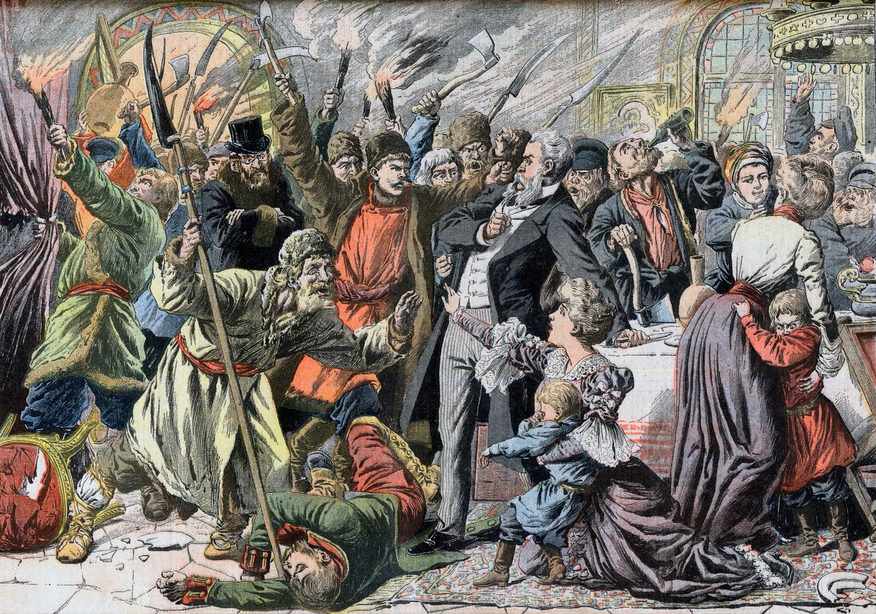 1905 års revolution - Revolterande ryska bönder invaderar ett hus på landet. Jacquerie i de ryska provinserna. Invasion av ett slott av ryska bönder gör uppror. Illustration för Le petit Journal, 2 april 1905. av French School