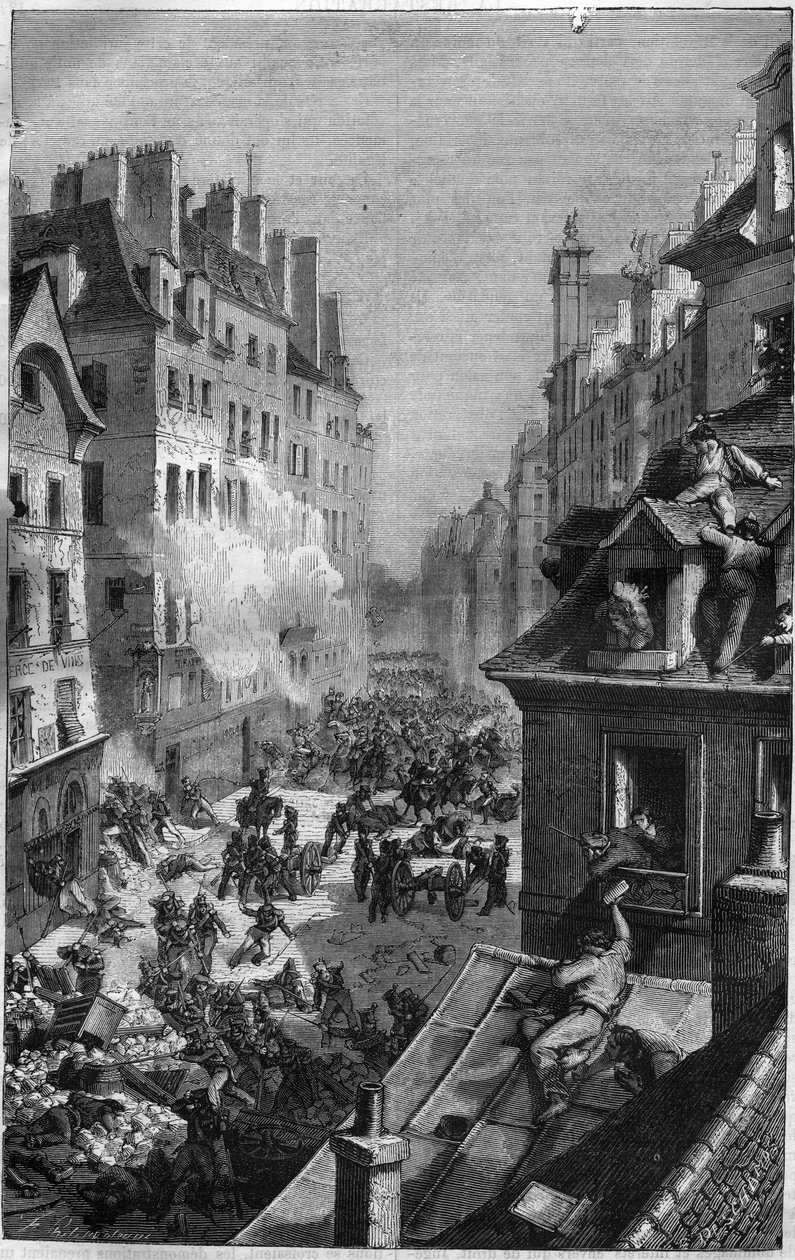 Revolutionen 1830: kamp i faubourg Saint Antoine. Gravyr i "Historien om påvarna-kungarna-drottningarna och kejsarna genom århundradena"" av Maurice Lachatre av French School