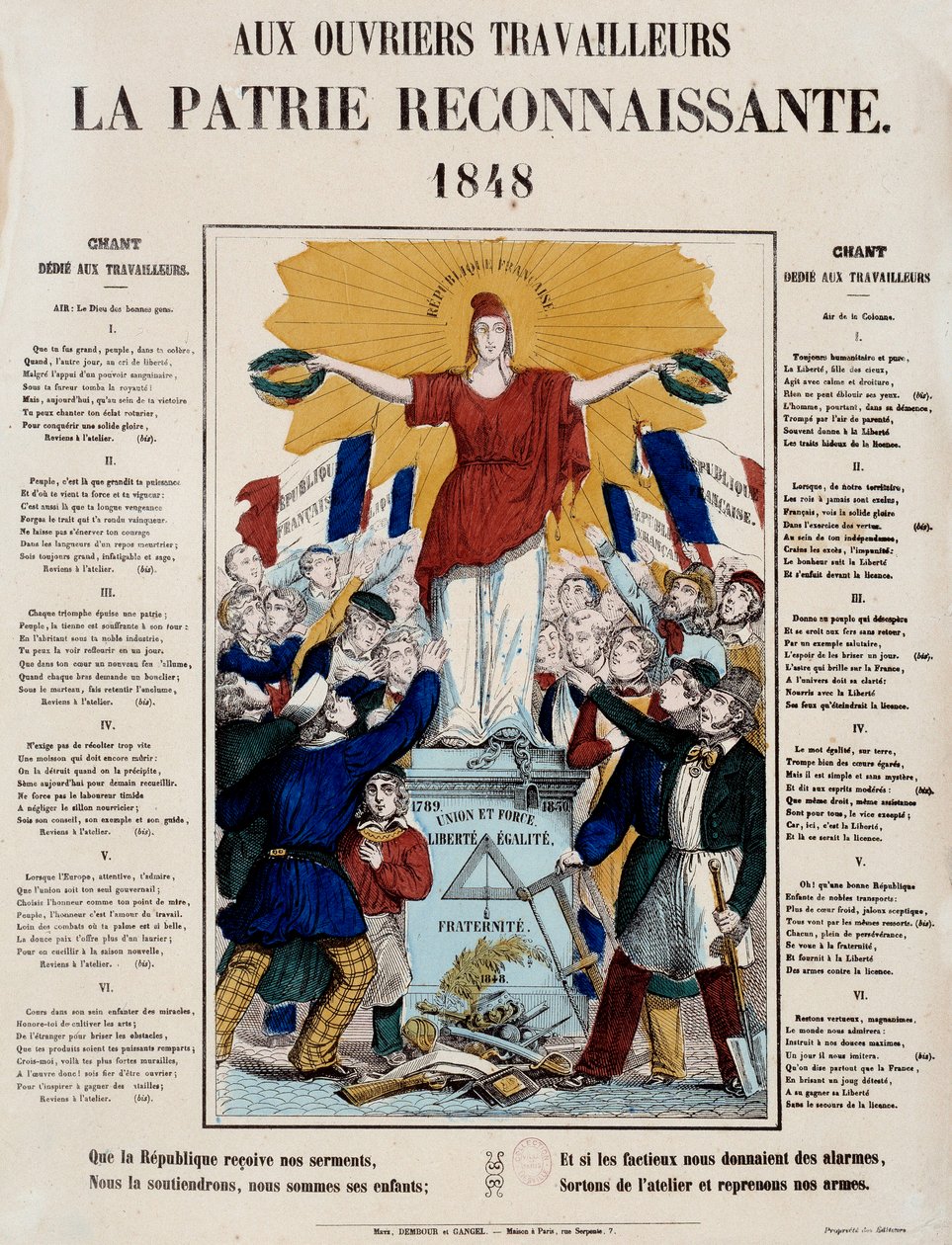 Revolutionen 1848 och födelsen av den andra republiken: manifest och sång med titeln "Till arbetare, det tacksamma hemlandet", Republique hälsas av arbetarna. 1848 Paris, Musée Carnavalet av French School