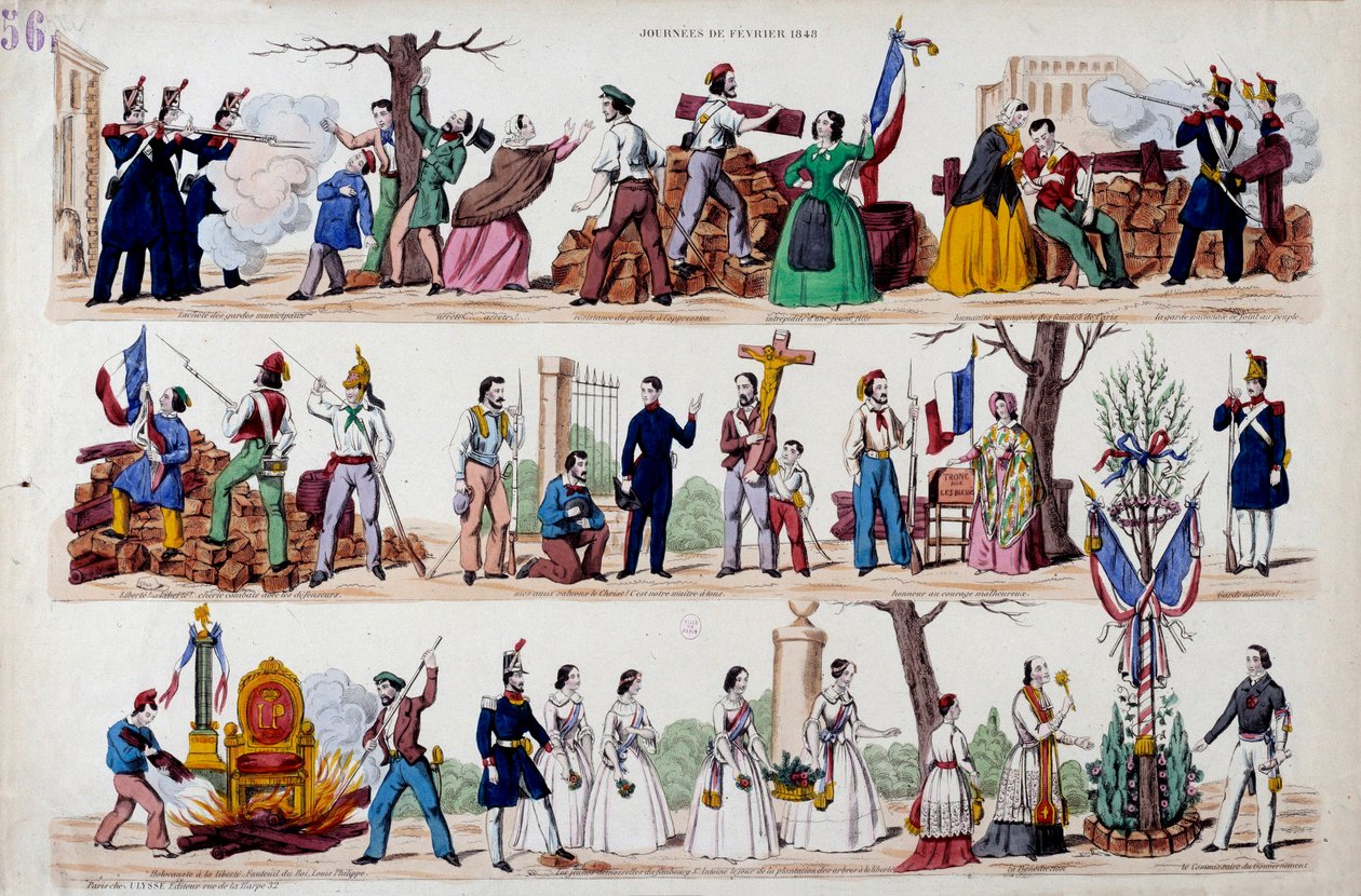 Februarirevolutionen 1848: de stora ögonblicken av upproret den 23 februari, barrikaderna, sedan förbrödringen mellan soldater, arbetare och borgare, förstörelsen av symbolerna för maktsymbolerna Louis Philippe I (Louis-Philippe) och slutligen av French School