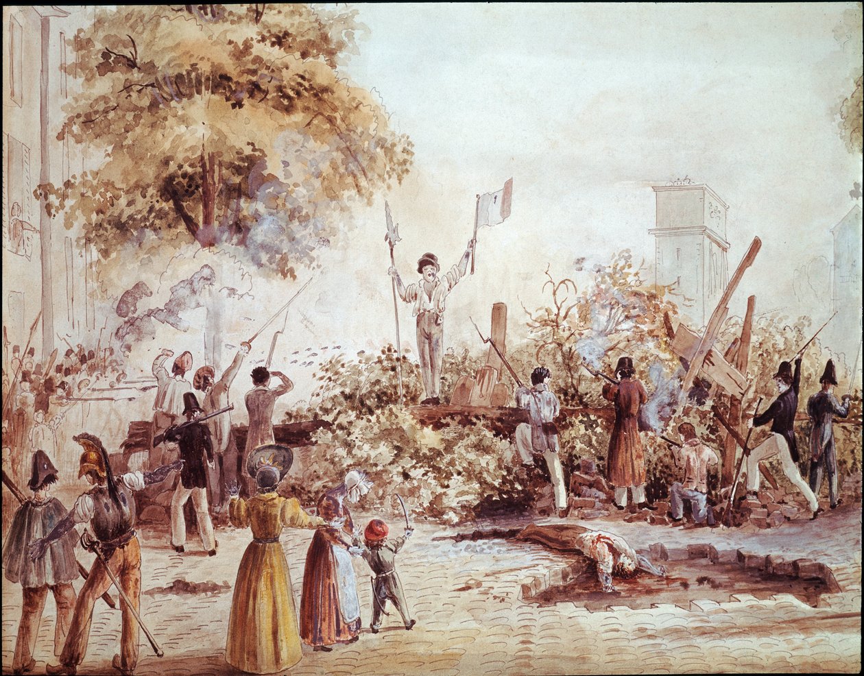 Julirevolutionen i Paris - Barrikad på Boulevard Saint Martin den 1 augusti (akvarell, ca 1830) av French School