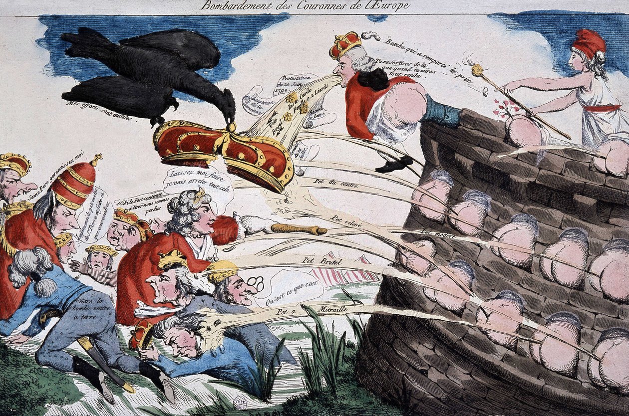 Revolutionära guider av Marianne som bombar europeiska suveräner med sin skit. Tecknad film publicerad under den franska revolutionen. Etsning. 1792. Musee Carnavalet. av French School