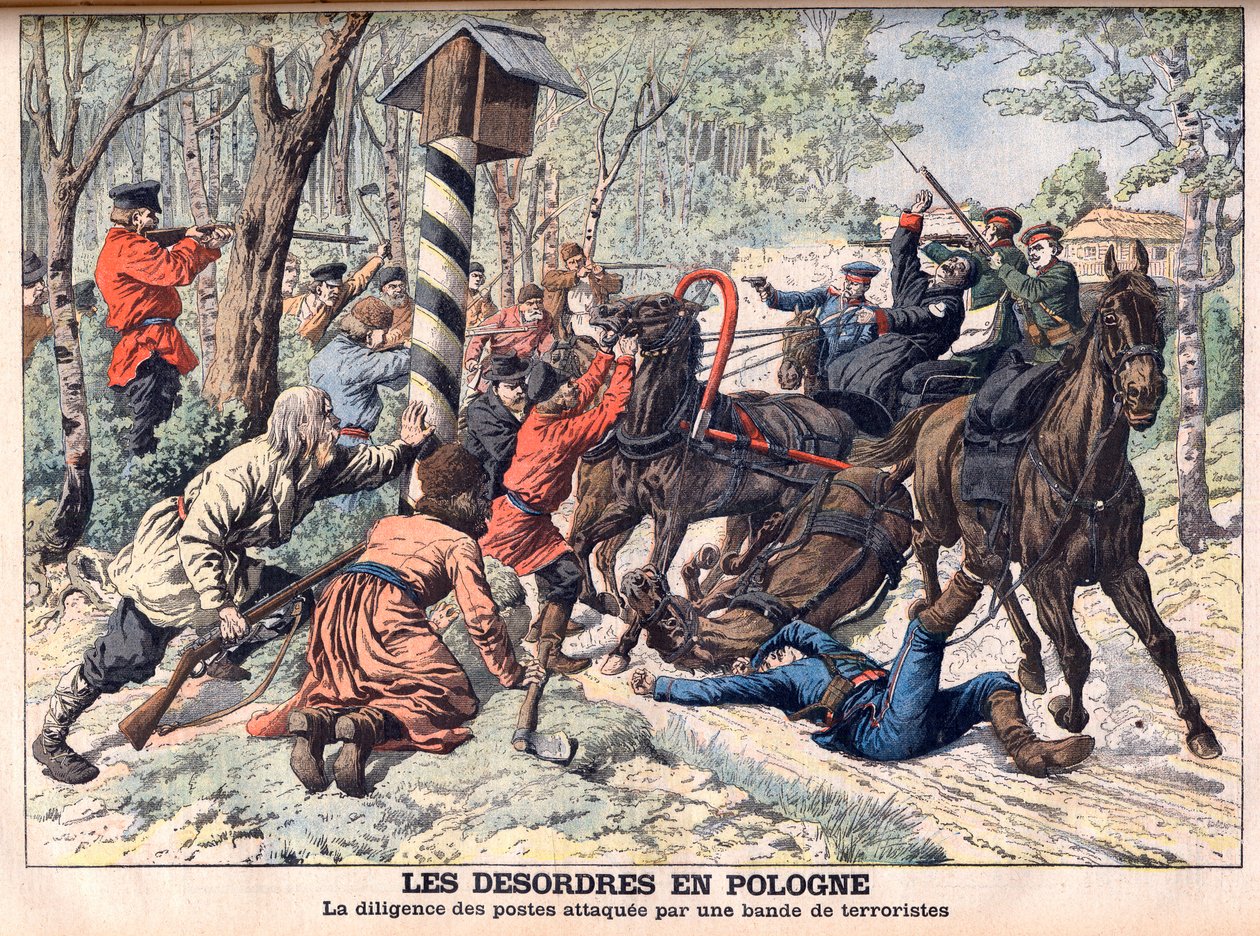 Revolutionär i Polen - Terrorister attackerar en postbuss i Polen. Deorden i Polen. Flitiga inlägg som attackerades av ett gäng terrorister. Illustration för Le petit Journal av French School