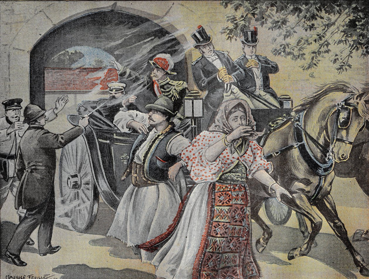 Revolverattack på Milan Obrenovich (1854-1901) tidigare kung av Serbien (1882 till 1889) den 7 juli 1899 på Sofias gator. Gravyr i "" Le Pelerin"" 1899-07-23. av French School