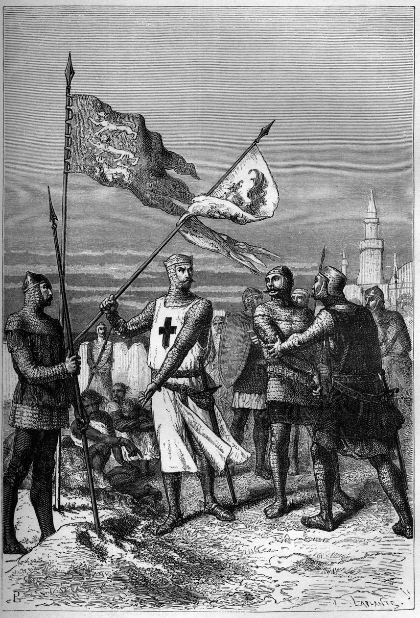 Richard Coeur de Lion eller Richard I lejonhjärta (1157-1199) kung av England, visad när han tar bort fanan för ärkehertigen Leopold V, hertigen av Österrike - gravyr i "Englands historia, från de tidigaste tiderna" av Francois Guizot av French School